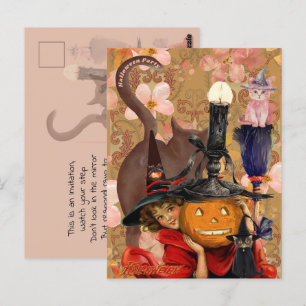 Kleines Mädchen schwarze Katze Kürbis Vintage Postkarte