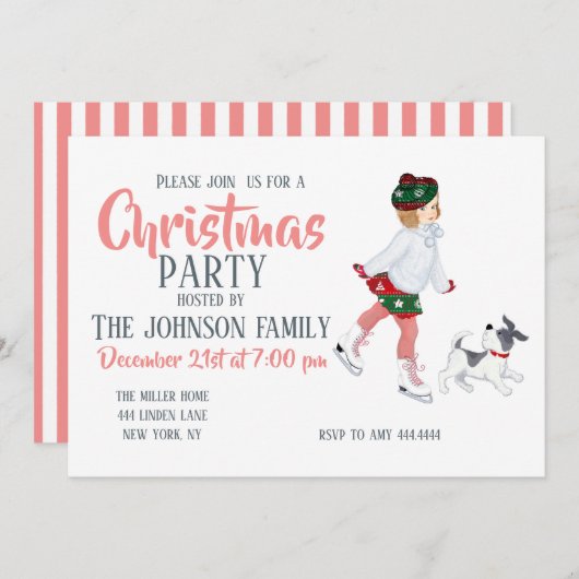 Kleines Mädchen Skaten auf Eis und Hund Einladung (Vorne/Hinten)