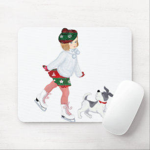 Kleines Mädchen Skaten auf Eis und Hund Mousepad