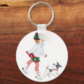 Kleines Mädchen Skaten auf Eis und Hund Schlüsselanhänger (Vorderseite)