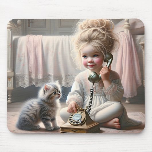 Kleines Mädchen spricht über ein Telefon Mousepad (Vorne)