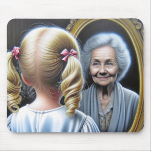 Kleines Mädchen starrt alte Dame im Spiegel an Mousepad