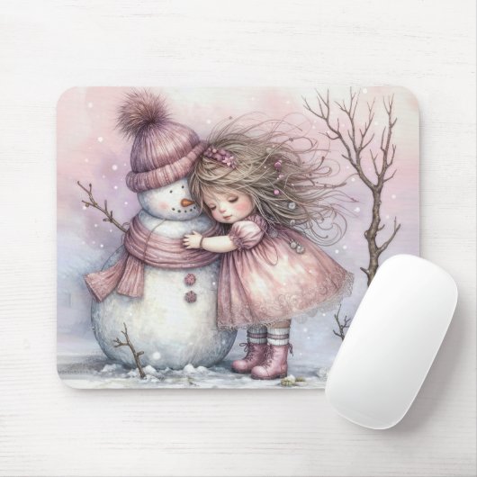 Kleines Mädchen umarmt einen Schneemann Mousepad (Mit Mouse)