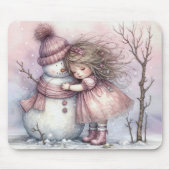 Kleines Mädchen umarmt einen Schneemann Mousepad (Vorne)