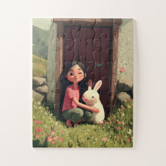 Kleines Mädchen umarmt Kaninchen an der Tür des Ba Puzzle