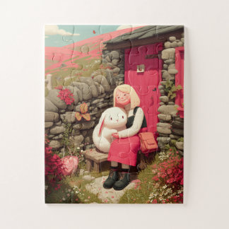 Kleines Mädchen umarmt Kaninchen bei einem Steinha Puzzle