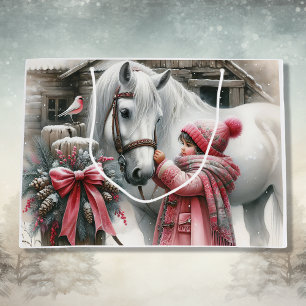Kleines Mädchen und ihr Pferd Rustikale Weihnachte Große Geschenktüte