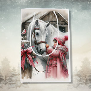 Kleines Mädchen und ihr Pferd Rustikale Weihnachte Mittlere Geschenktüte