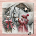 Kleines Mädchen und ihr Pferd Rustikale Weihnachte Puzzle<br><div class="desc">Weihnachtsrätsel. Ai Aquarell Illustration einer Szene auf einem rustikalen Bauernhof mit einem süßen kleinen Mädchen gebündelt in einem rosa Wintermantel und kümmert sich um ihr hübsches weißes Pferd an einem schneebedeckten Weihnachtsfeiertag.</div>