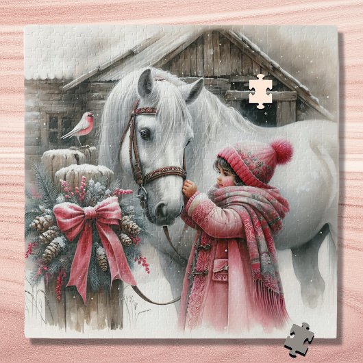 Kleines Mädchen und ihr Pferd Rustikale Weihnachte Puzzle