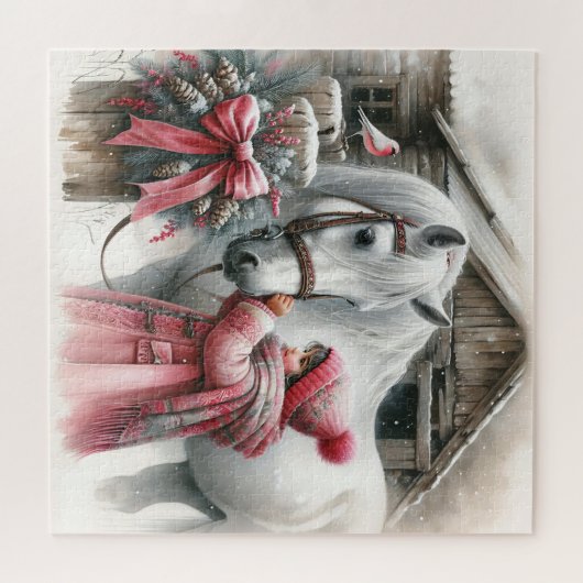 Kleines Mädchen und ihr Pferd Rustikale Weihnachte Puzzle (Horizontal)