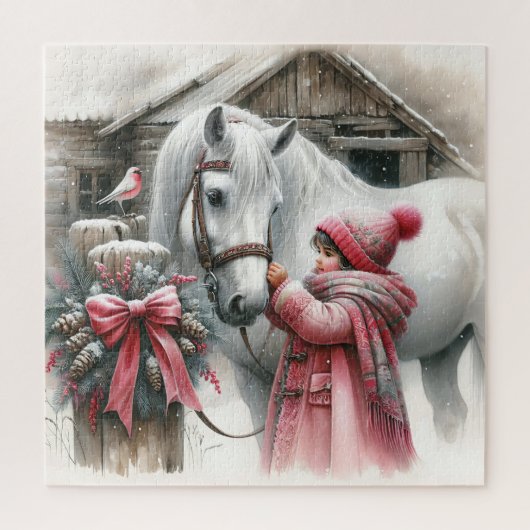 Kleines Mädchen und ihr Pferd Rustikale Weihnachte Puzzle (Vertikal)