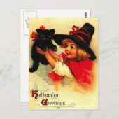 Kleines Mädchen und ihre schwarze Katze Postkarte (Vorne/Hinten)