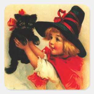 Kleines Mädchen und ihre schwarze Katze Quadratischer Aufkleber