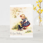 Kleines Mädchen und Kätzchen Geburtstagskarte Karte (Gelbe Blume)