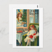 Kleines Mädchen und Puppe, Engel im Fenster Postkarte (Vorne/Hinten)