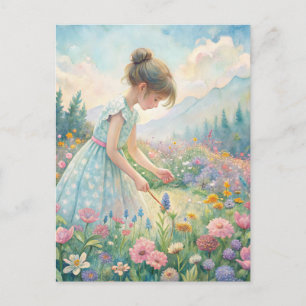 Kleines Mädchen Wiese Wildblumen Berge Pastell Postkarte