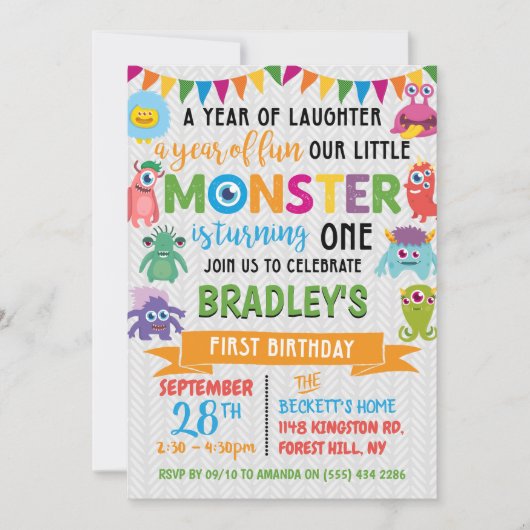 Kleines Monster 1. Geburtstag Einladung (Vorderseite)