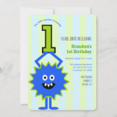 Kleines Monster 1. Geburtstag Junge Blaue Streifen Einladung (Vorderseite)