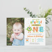 Kleines Monster 1. Geburtstag Party Einladungen (Stehend Vorderseite)