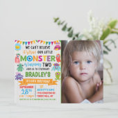 Kleines Monster 2. Geburtstag Foto Einladung (Stehend Vorderseite)