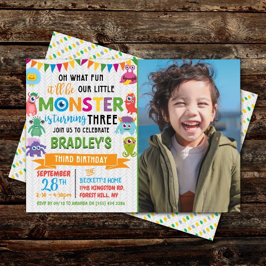 Kleines Monster 3. Geburtstag Foto Einladung