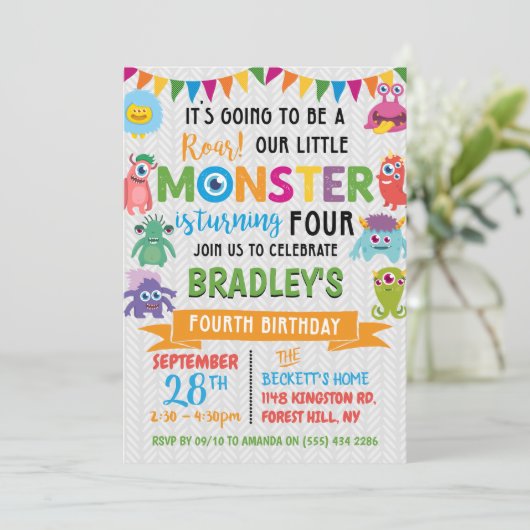 Kleines Monster 4. Geburtstag Einladung (Stehend Vorderseite)
