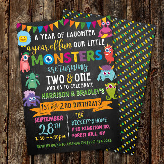 Kleines Monster Chalkboard 1. & 2. Geburtstag Einladung