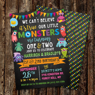 Kleines Monster Chalkboard 1. & 2. Geburtstag Einladung