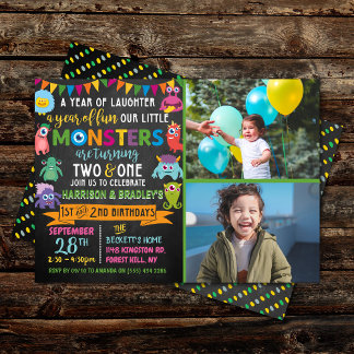 Kleines Monster Chalkboard 1. & 2. Geburtstag Einladung