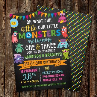 Kleines Monster Chalkboard 1. & 3. Geburtstag Einladung