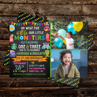 Kleines Monster Chalkboard 1. & 3. Geburtstag Einladung