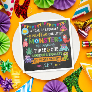 Kleines Monster Chalkboard 1. & 3. Geburtstag Serviette