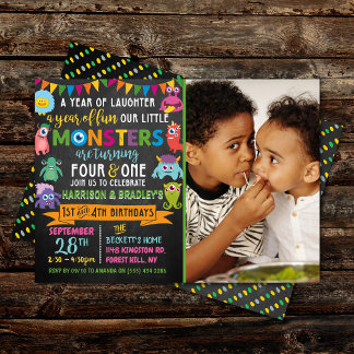 Kleines Monster Chalkboard 1. & 4. Geburtstag Einladung