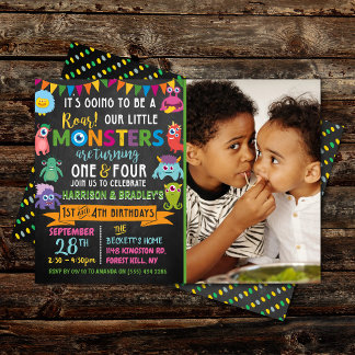 Kleines Monster Chalkboard 1. & 4. Geburtstag Einladung