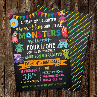 Kleines Monster Chalkboard 1. & 4. Geburtstag Einladung