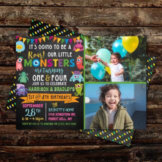 Kleines Monster Chalkboard 1. & 4. Geburtstag Einladung