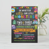 Kleines Monster Chalkboard 2. & 3. Geburtstag Einladung (Stehend Vorderseite)