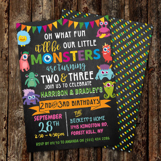 Kleines Monster Chalkboard 2. & 3. Geburtstag Einladung