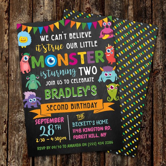 Kleines Monster Chalkboard 2. Geburtstag Einladung