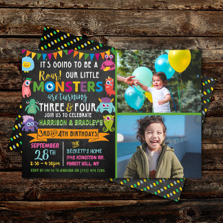 Kleines Monster Chalkboard 3. & 4. Geburtstag Einladung