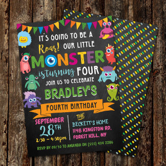 Kleines Monster Chalkboard 4. Geburtstag Einladung
