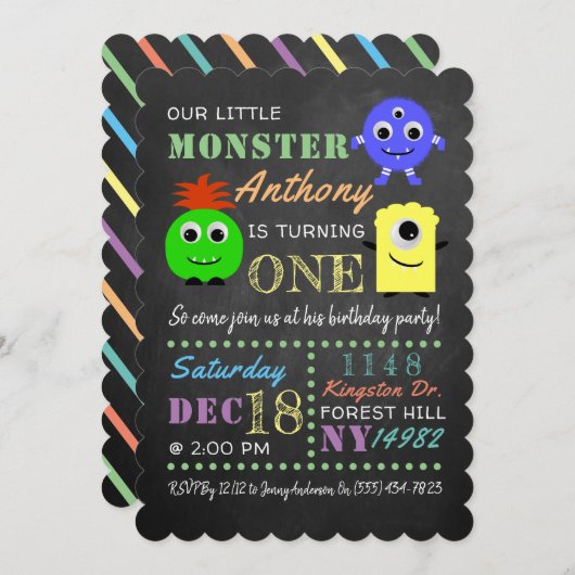 Kleines Monster-Chalkboard jedes Alters Geburtstag Einladung (Vorne/Hinten)