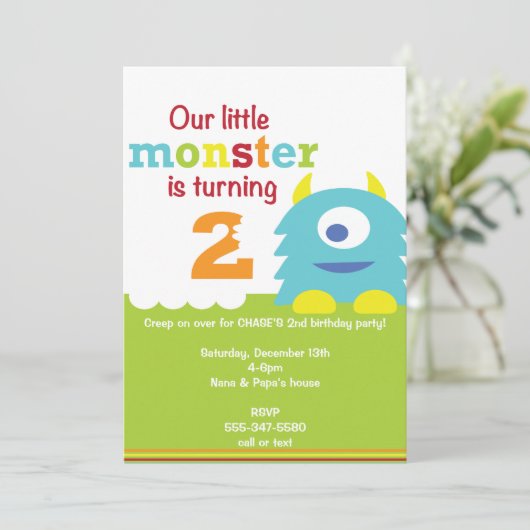 Kleines Monster Geburtstag Einladung - 2. Geburtst (Stehend Vorderseite)