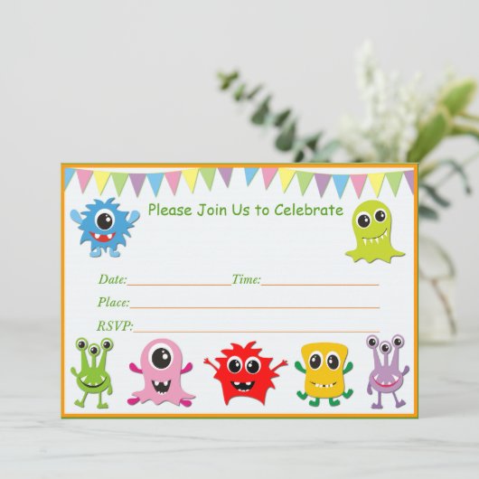 Kleines Monster Geburtstagsparty Einladungen (Stehend Vorderseite)