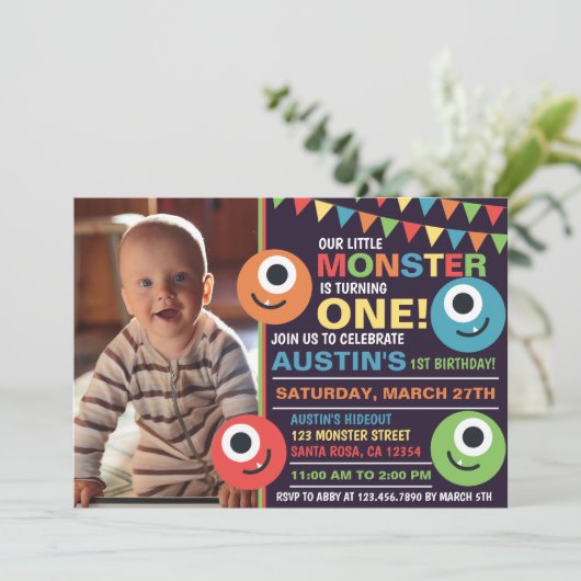 Kleines Monster-Niedliche Geburtstag-Party Einladung (Stehend Vorderseite)