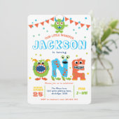 Kleines Monster zum Thema Junge 1. Geburtstag Einladung (Stehend Vorderseite)