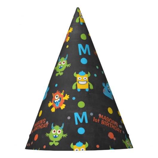 Kleines Monsterchalkboard 1. Geburtstag Partyhütchen (Vorderseite)