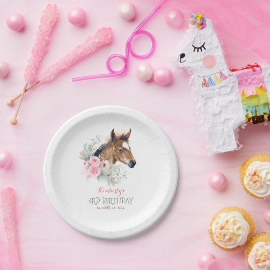 Kleines Pferd Niedlich rosa Blütengeburt Pappteller (Party)