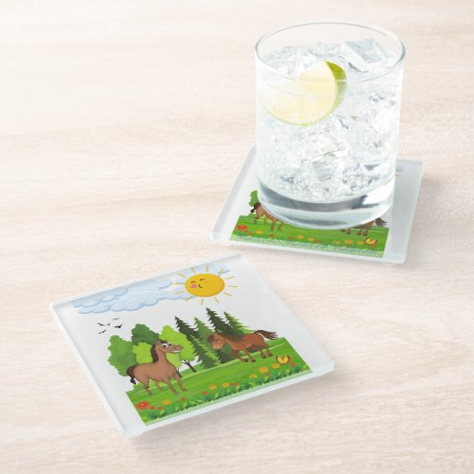 Kleines Pferdedesign für Kinder Glasuntersetzer (Schrägansicht)